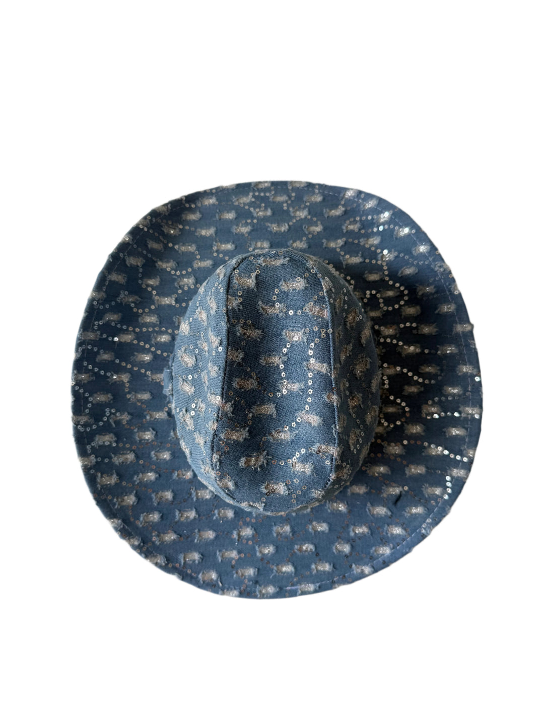 Western Cowboy Glitter Hat- Denim w/torn Fabric