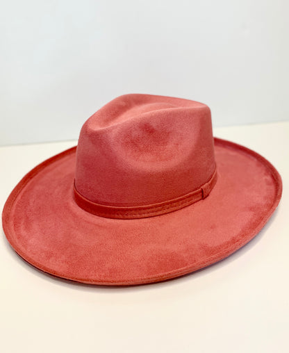 Vegan Suede Rancher Hat - Pencil Brim - Coral Pink