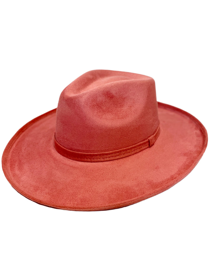 Vegan Suede Rancher Hat - Pencil Brim - Coral Pink