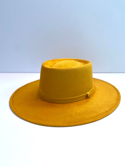 Vegan Suede Boater Hat- Mustard