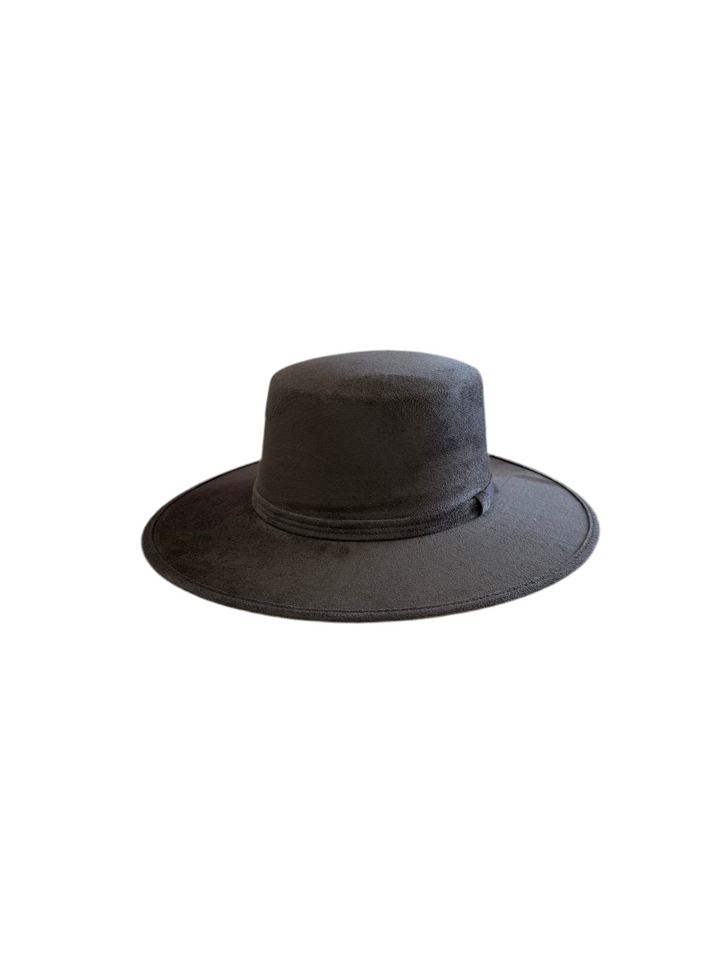 Vegan Suede Flat Top Hat-  Charcoal Grey
