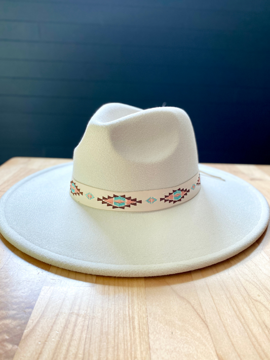 Izel Wool Felt Wide Brim Rancher Hat with Faux leather Aztec Print Band - Ivory