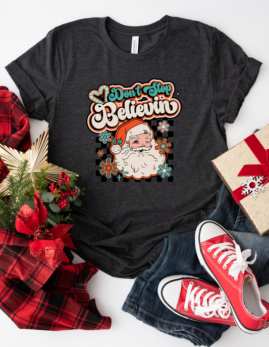 Don't Stop Believing Checkered Santa Graphic Tee