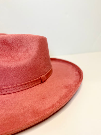 Vegan Suede Rancher Hat - Pencil Brim - Coral Pink