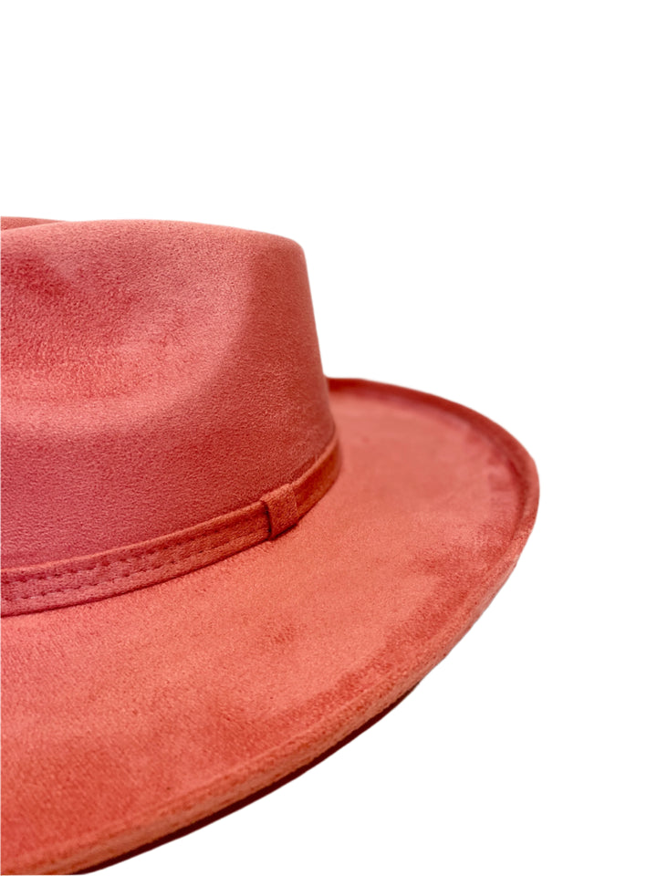 Vegan Suede Rancher Hat - Pencil Brim - Coral Pink