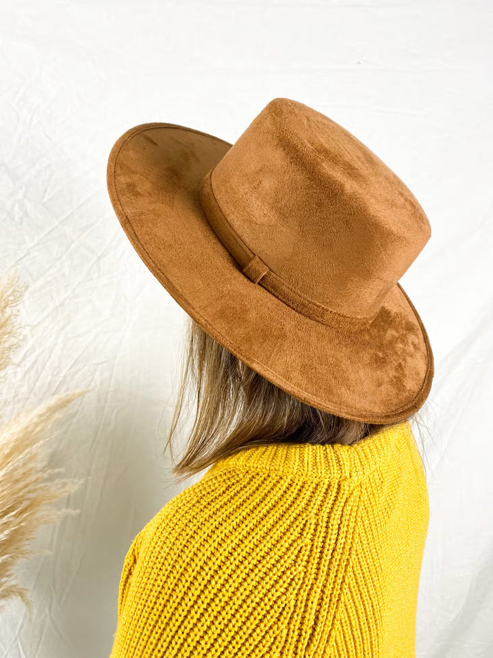 Vegan Suede Flat Top Hat- Caramel
