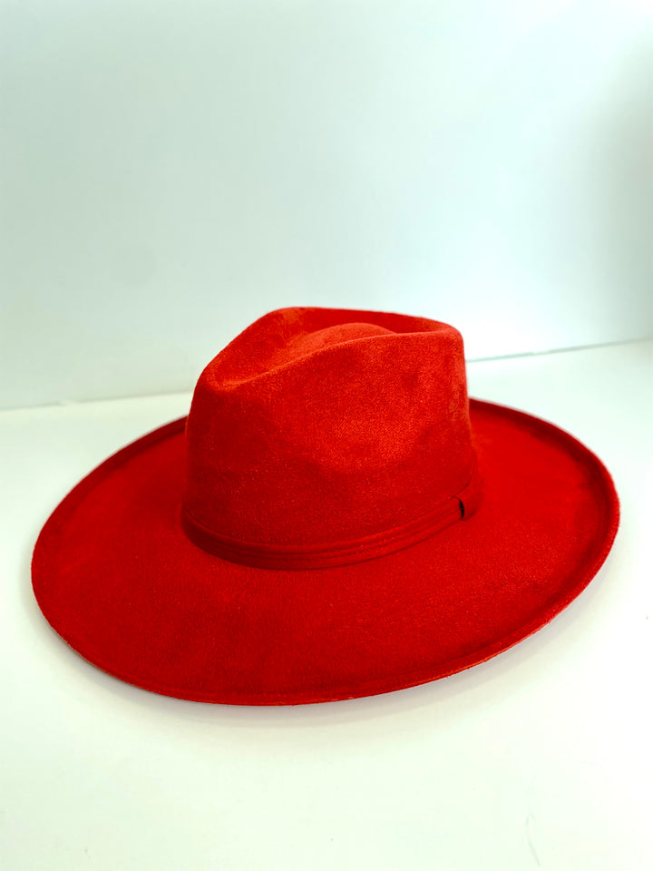 Vegan Suede Rancher Hat - Pencil Brim - Lipstick Red