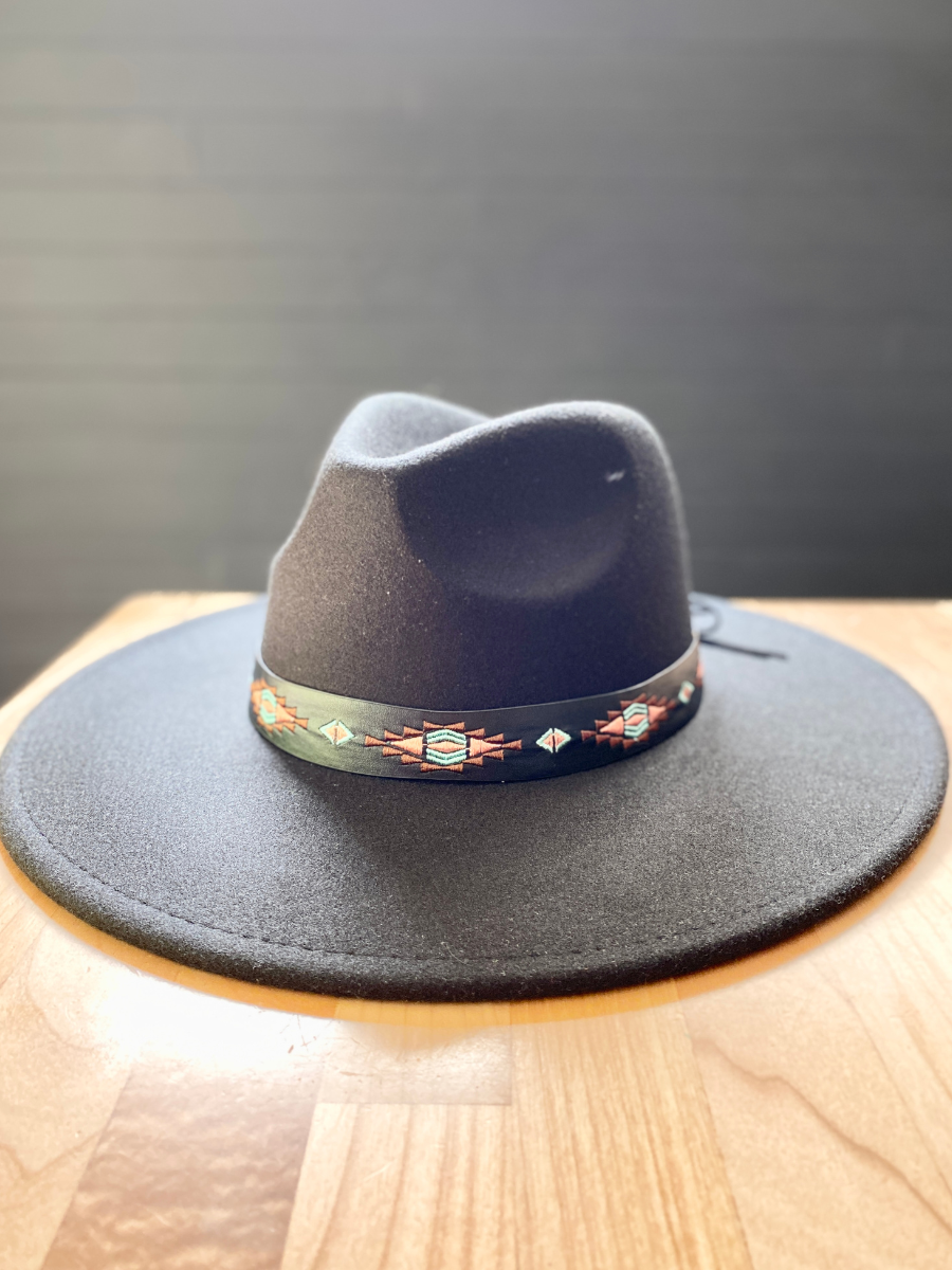 Izel Wool Felt Wide Brim Rancher Hat with Faux leather Aztec Print Band -Black