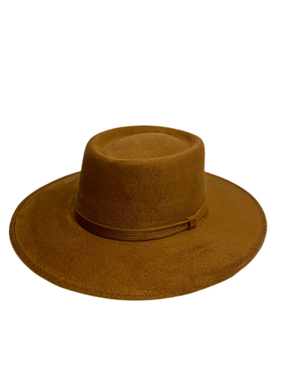 Vegan Suede Boater Hat- Caramel