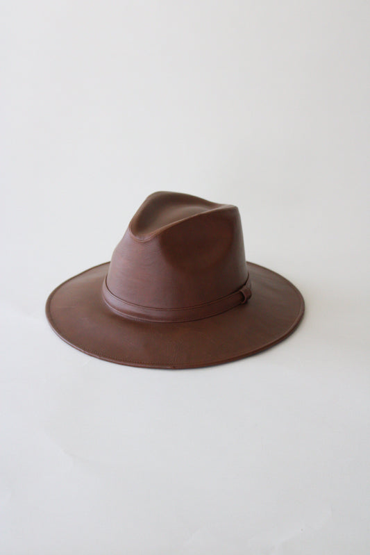 Western Cowboy Faux Leather Fedora Hat - Brown