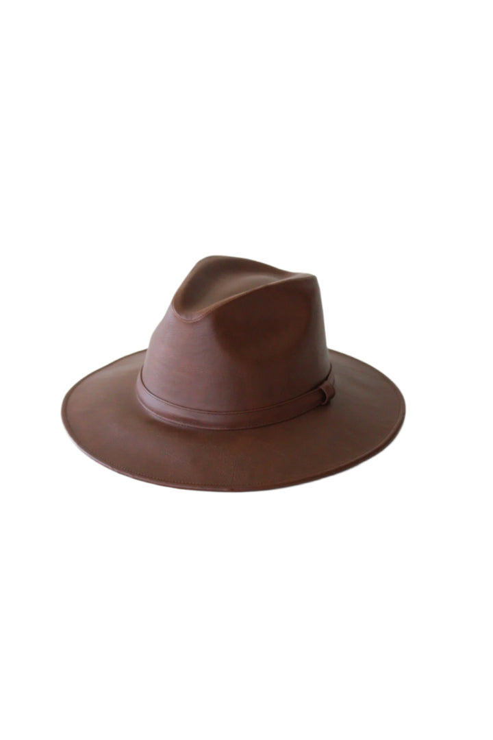 Western Cowboy Faux Leather Fedora Hat - Brown