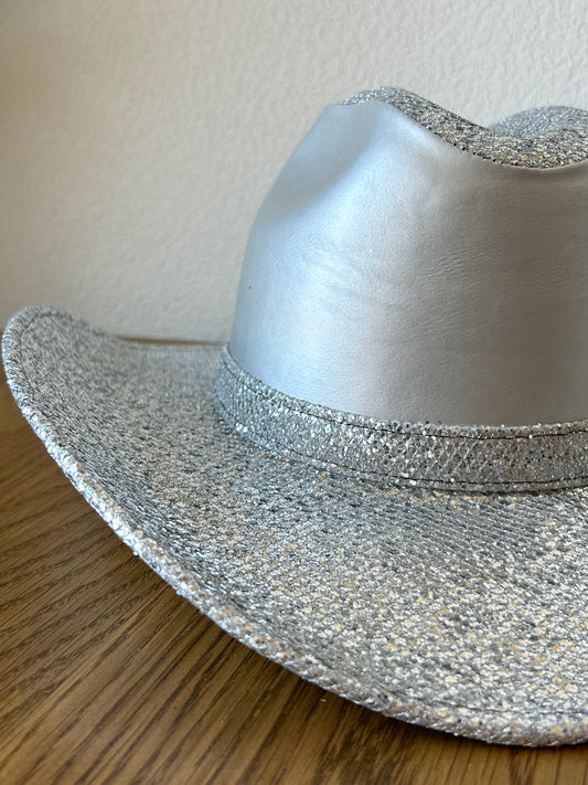 Western Cowboy Glitter Hat- Silver & Faux Leather