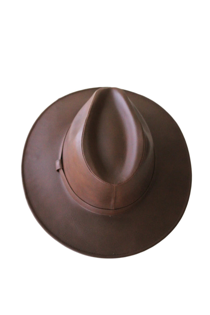 Western Cowboy Faux Leather Fedora Hat - Brown