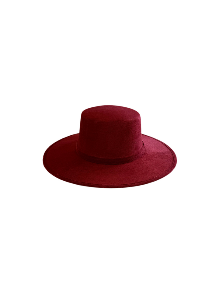 Vegan Suede Flat Top Hat-  Burgundy