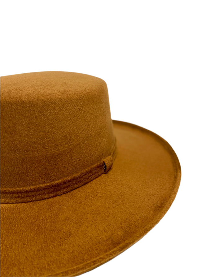 Vegan Suede Flat Top Hat - Pencil Brim - Caramel