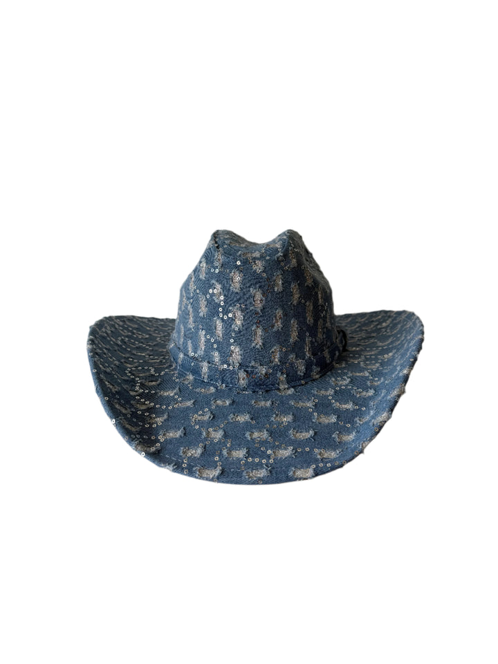 Western Cowboy Glitter Hat- Denim w/torn Fabric