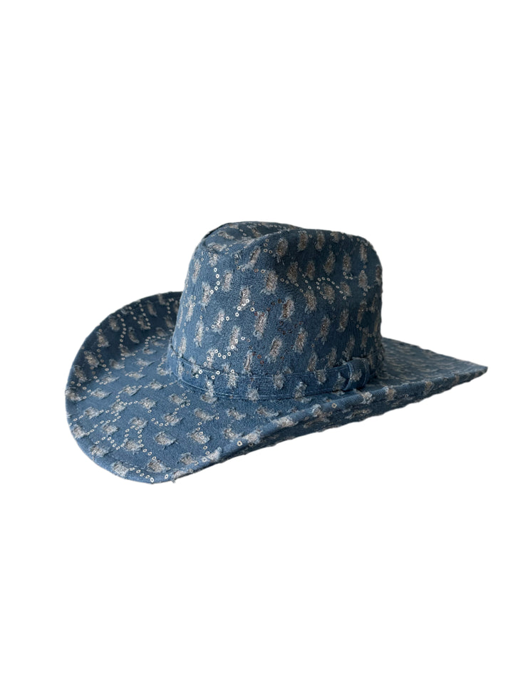 Western Cowboy Glitter Hat- Denim w/torn Fabric