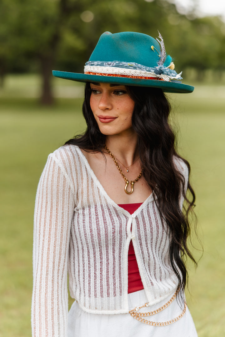 The Jamie - Wool Felt - Turquoise pencil brim distressed