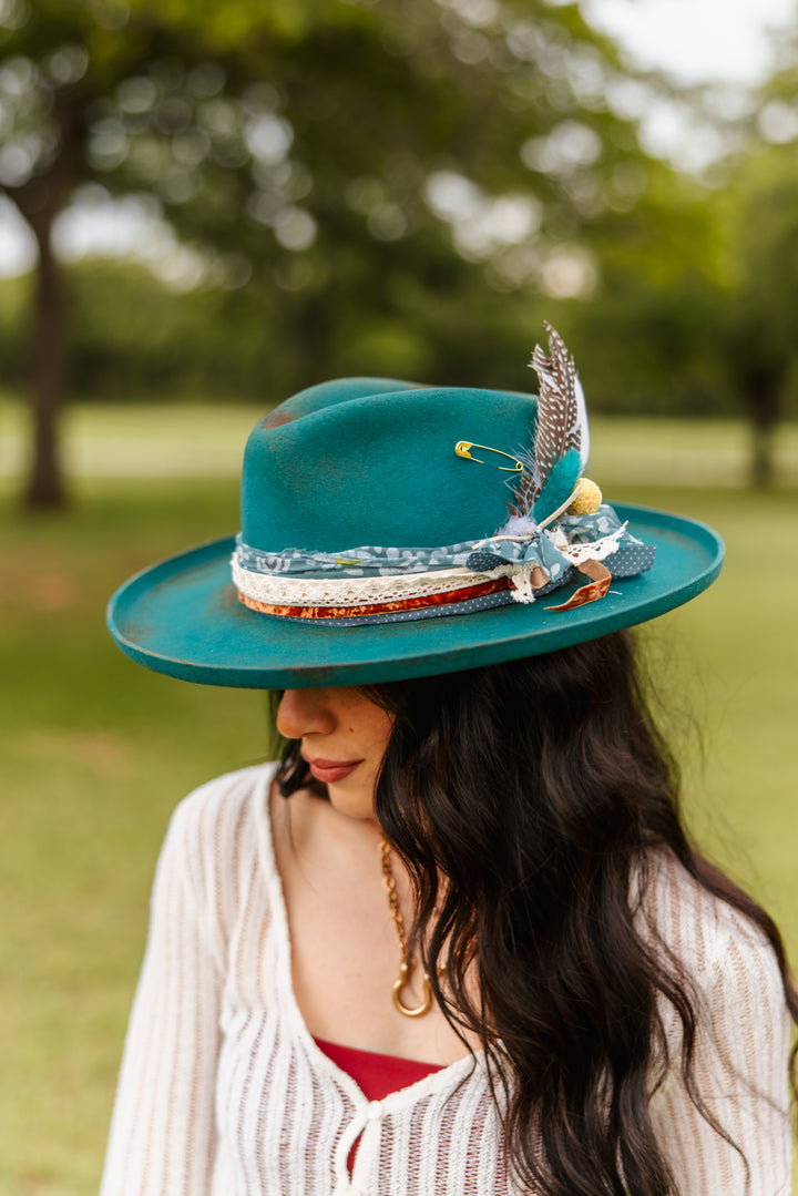 The Jamie - Wool Felt - Turquoise pencil brim distressed