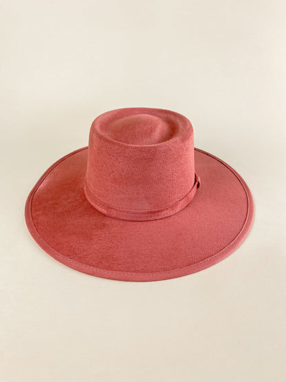 Vegan Suede Boater Hat- Coral