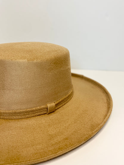 Vegan Suede Flat Top Hat - Pencil Brim - Cappuccino