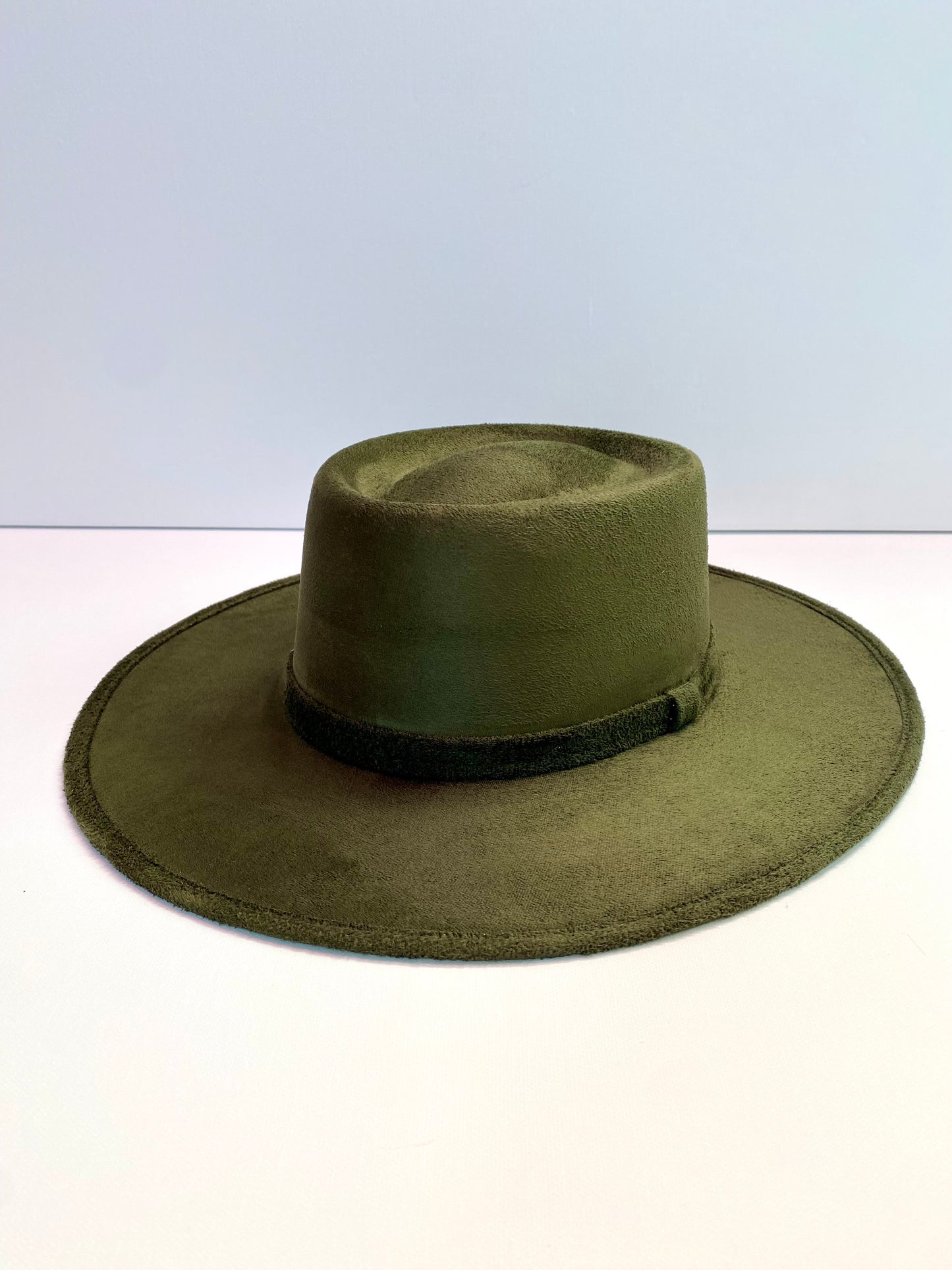 Vegan Suede Boater Hat- Olive Green