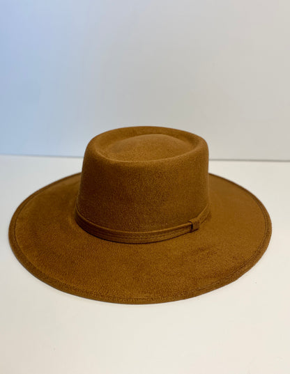 Vegan Suede Boater Hat- Caramel