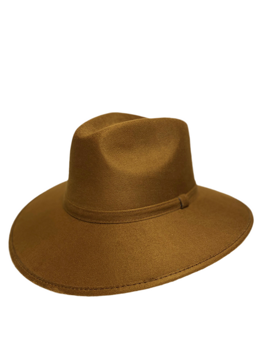 Vegan Suede Western Cowboy Fedora Hat- Caramel