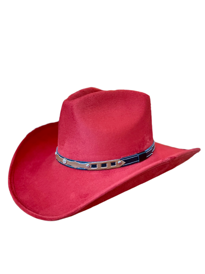 Santa Fe Vegan Suede Cowboy Rancher Hat- Lipstick Red