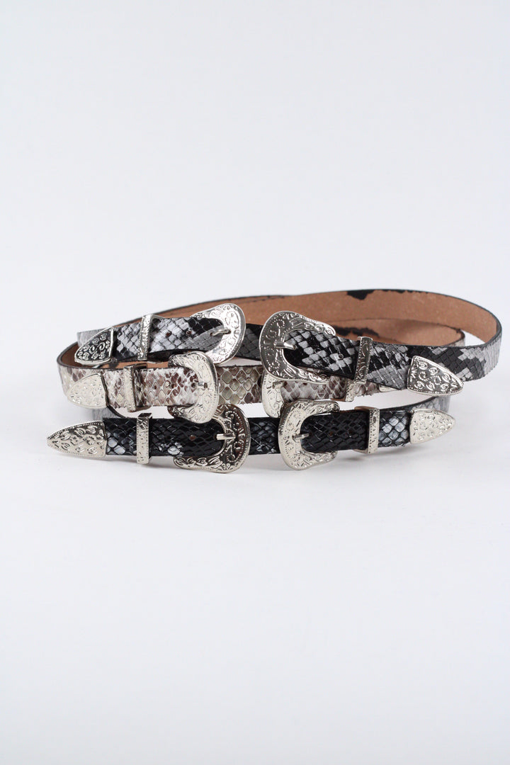 Double Buckle Leather Hat Band Snake Print