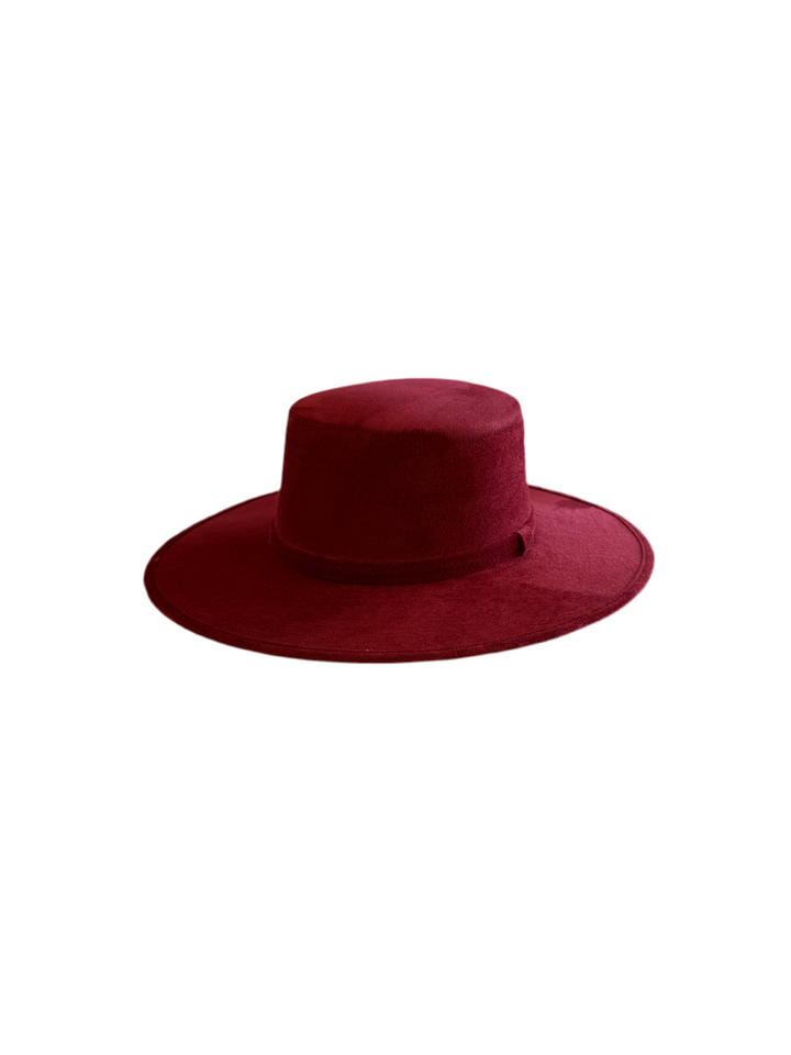 Vegan Suede Flat Top Hat-  Burgundy