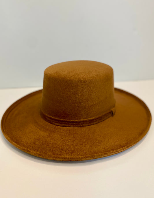 Vegan Suede Flat Top Hat - Pencil Brim - Caramel