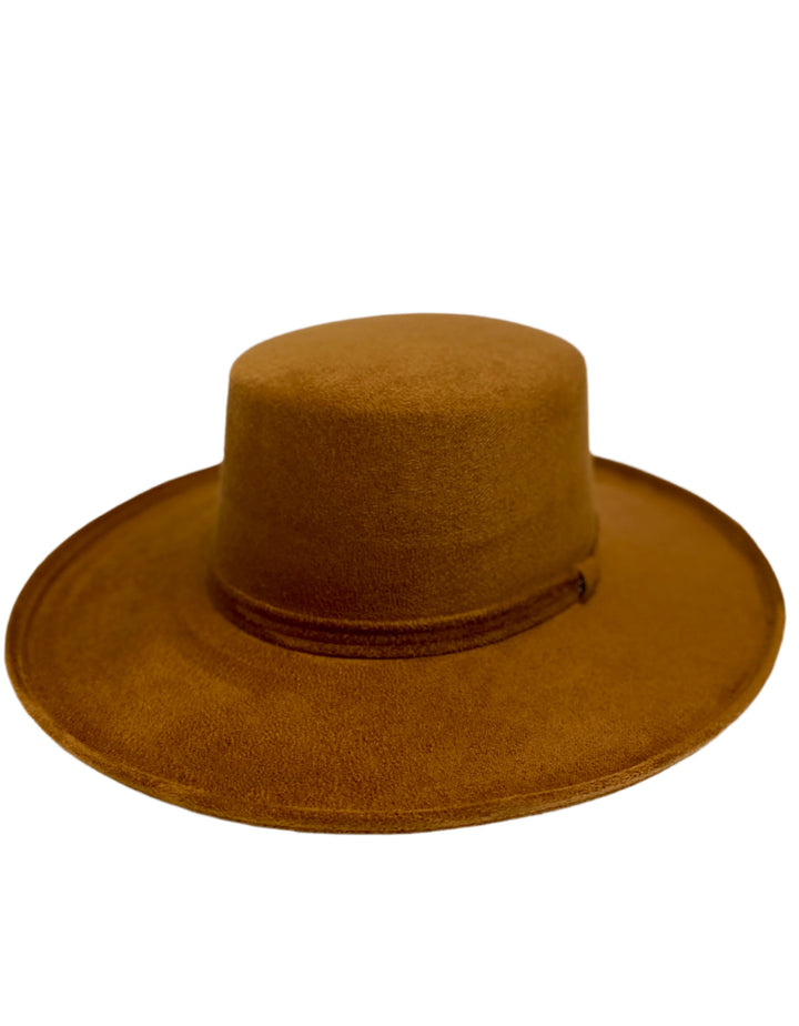 Vegan Suede Flat Top Hat - Pencil Brim - Caramel