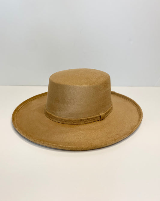 Vegan Suede Flat Top Hat - Pencil Brim - Cappuccino