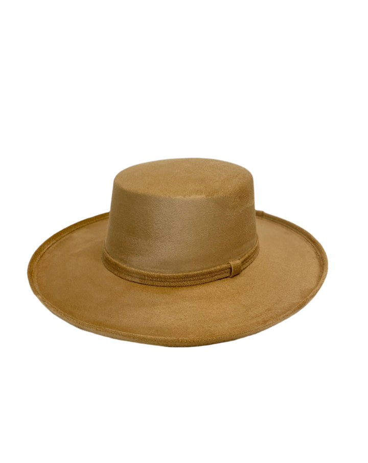 Vegan Suede Flat Top Hat - Pencil Brim - Cappuccino
