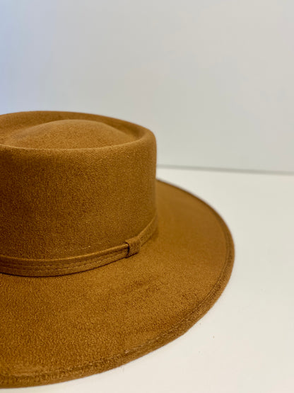 Vegan Suede Boater Hat- Caramel