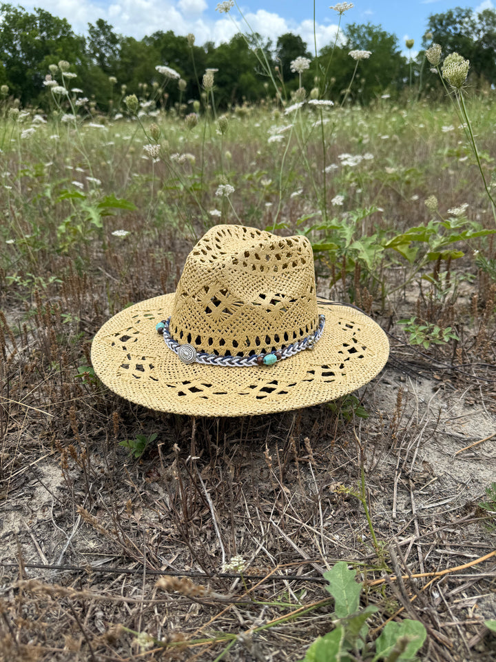 Bayside Rancher Flat Brim Raffia Hat - Tan
