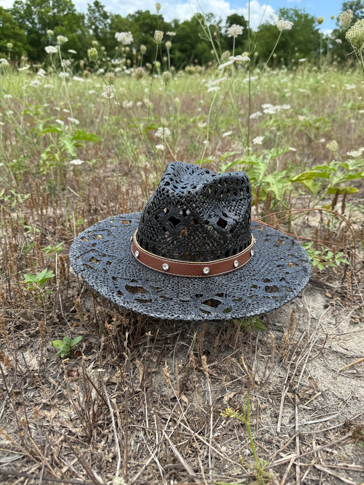 Bayside Rancher Flat Brim Raffia Hat - Black