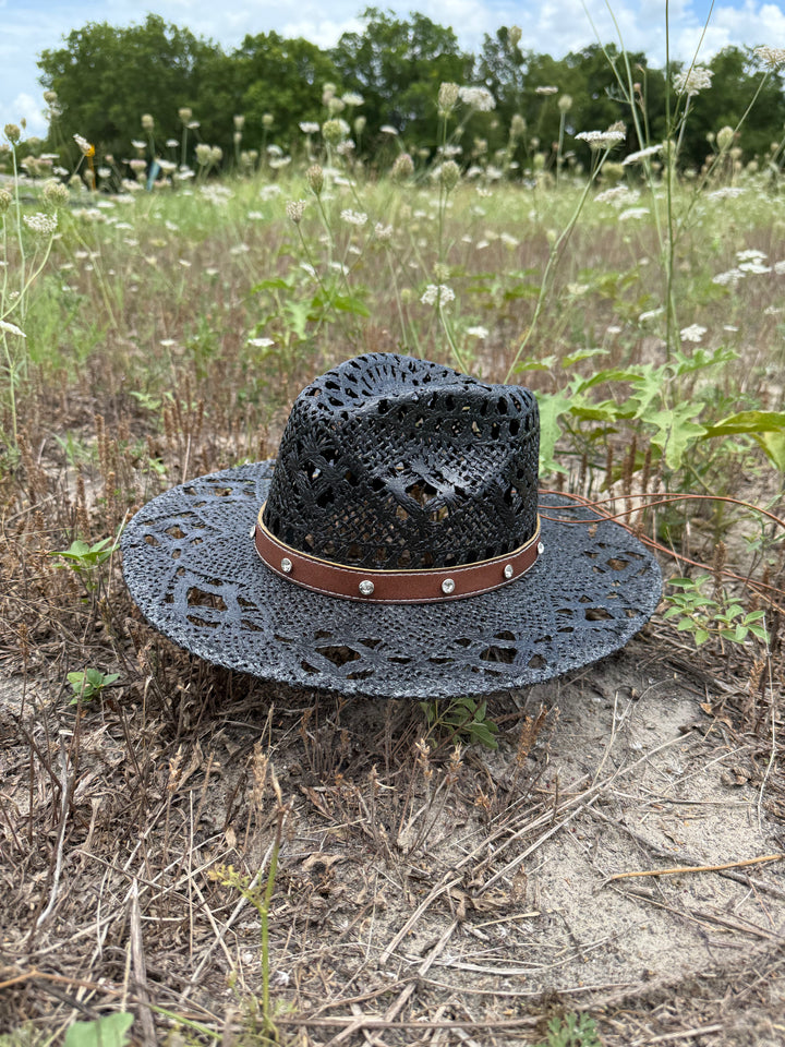 Bayside Rancher Flat Brim Raffia Hat - Black