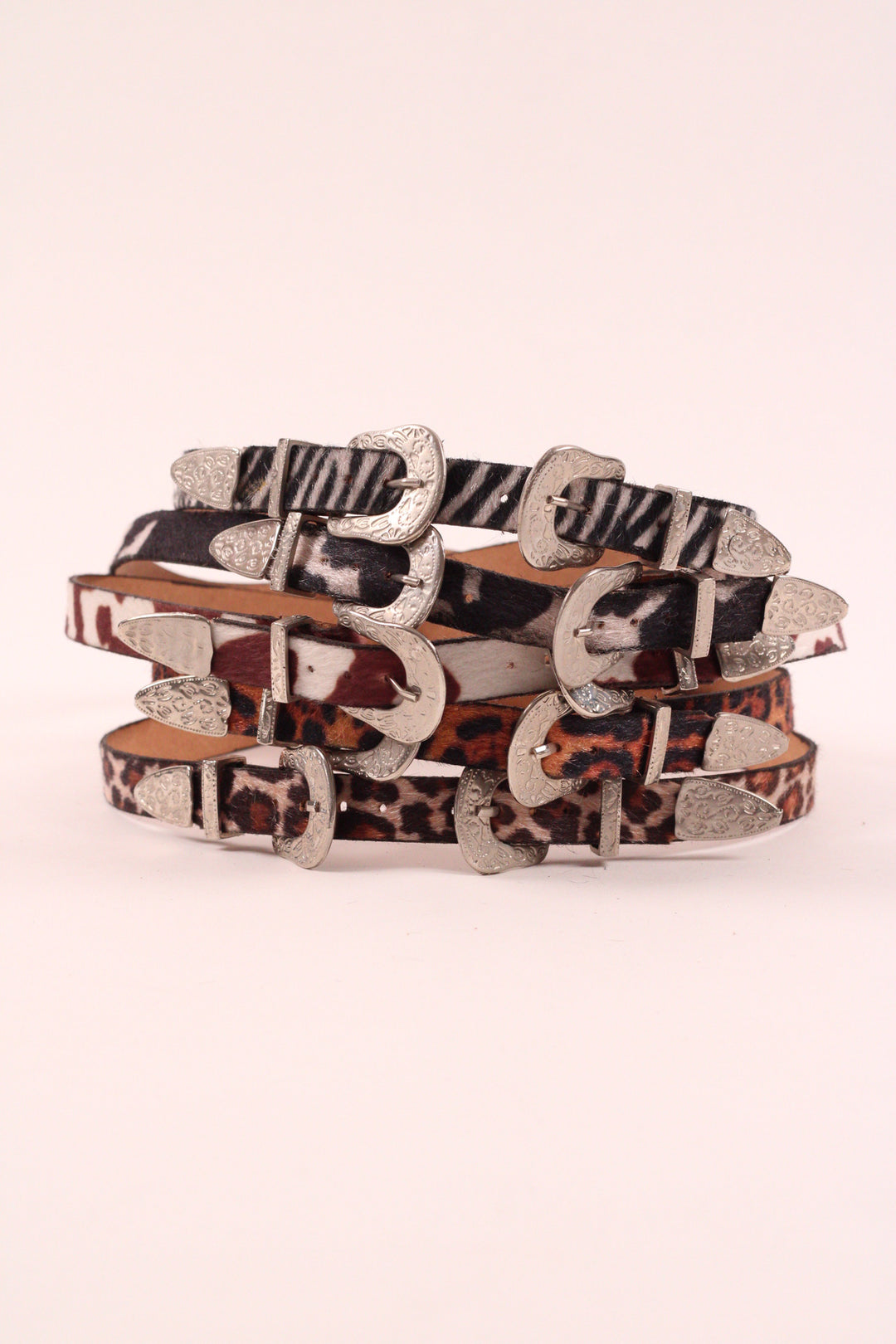 Double Buckle Leather Hat Band Animal Print Faux Fur