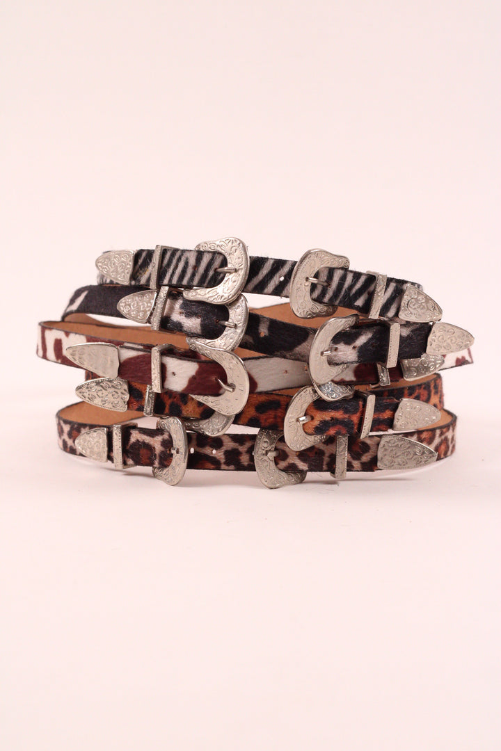 Double Buckle Leather Hat Band Animal Print Faux Fur
