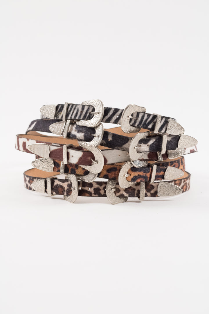 Double Buckle Leather Hat Band Animal Print Faux Fur
