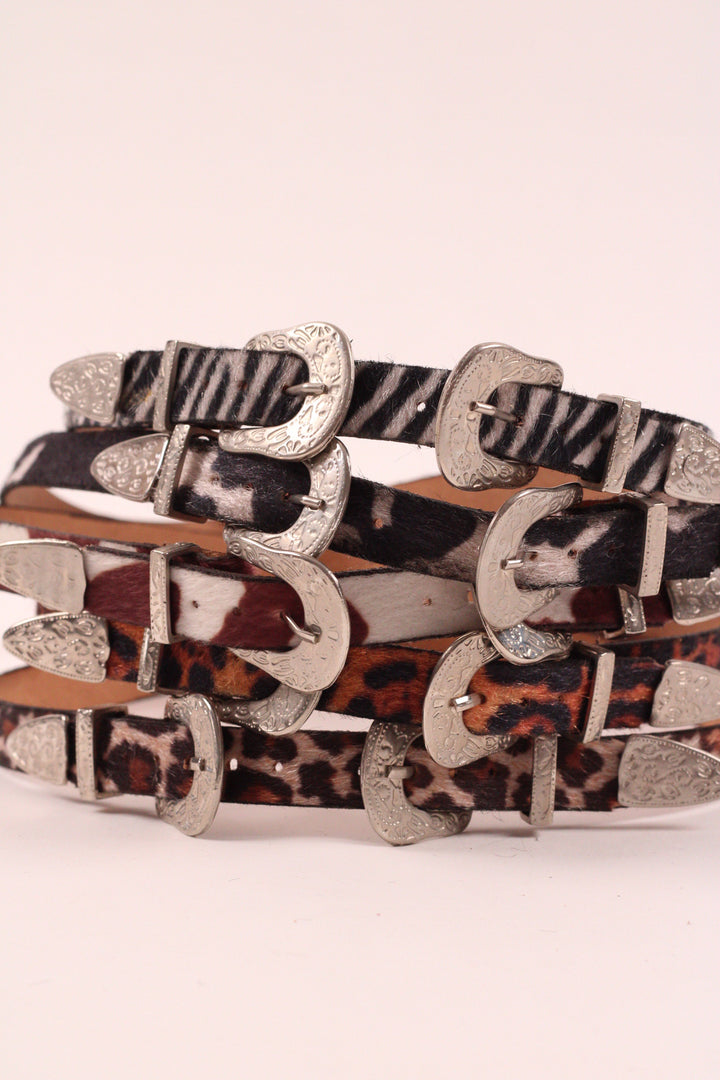 Double Buckle Leather Hat Band Animal Print Faux Fur