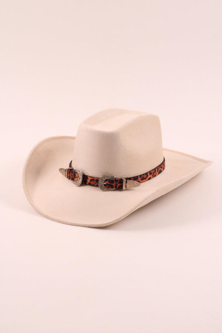 Double Buckle Leather Hat Band Animal Print Faux Fur