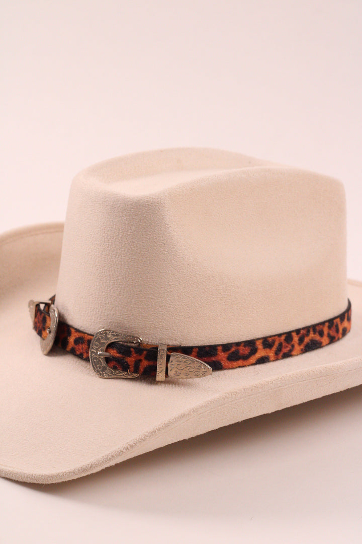 Double Buckle Leather Hat Band Animal Print Faux Fur