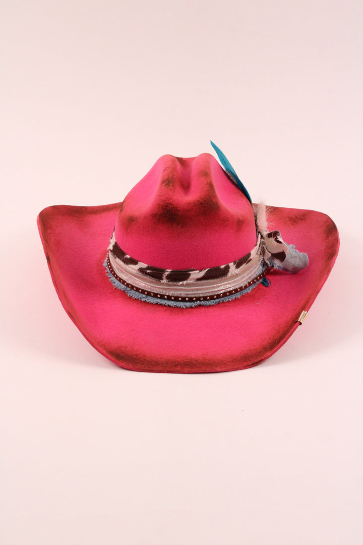 Hailey - Mustang Premium Wool Felt Hat - Hot Pink Distressed