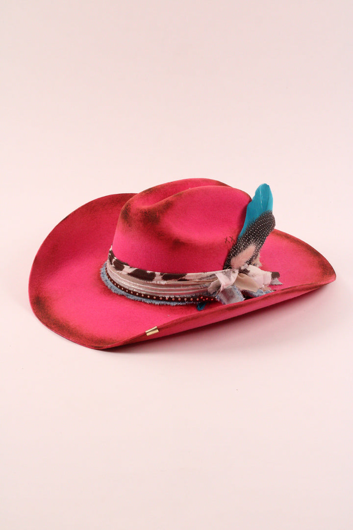 Hailey - Mustang Premium Wool Felt Hat - Hot Pink Distressed