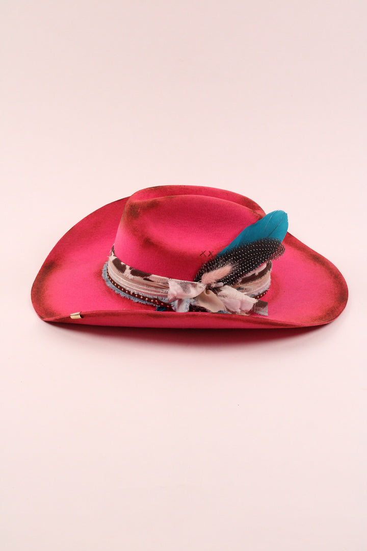 Hailey - Mustang Premium Wool Felt Hat - Hot Pink Distressed