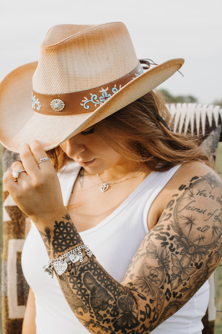 Ellie Cowboy Straw Hat - Tan with Caramel Band