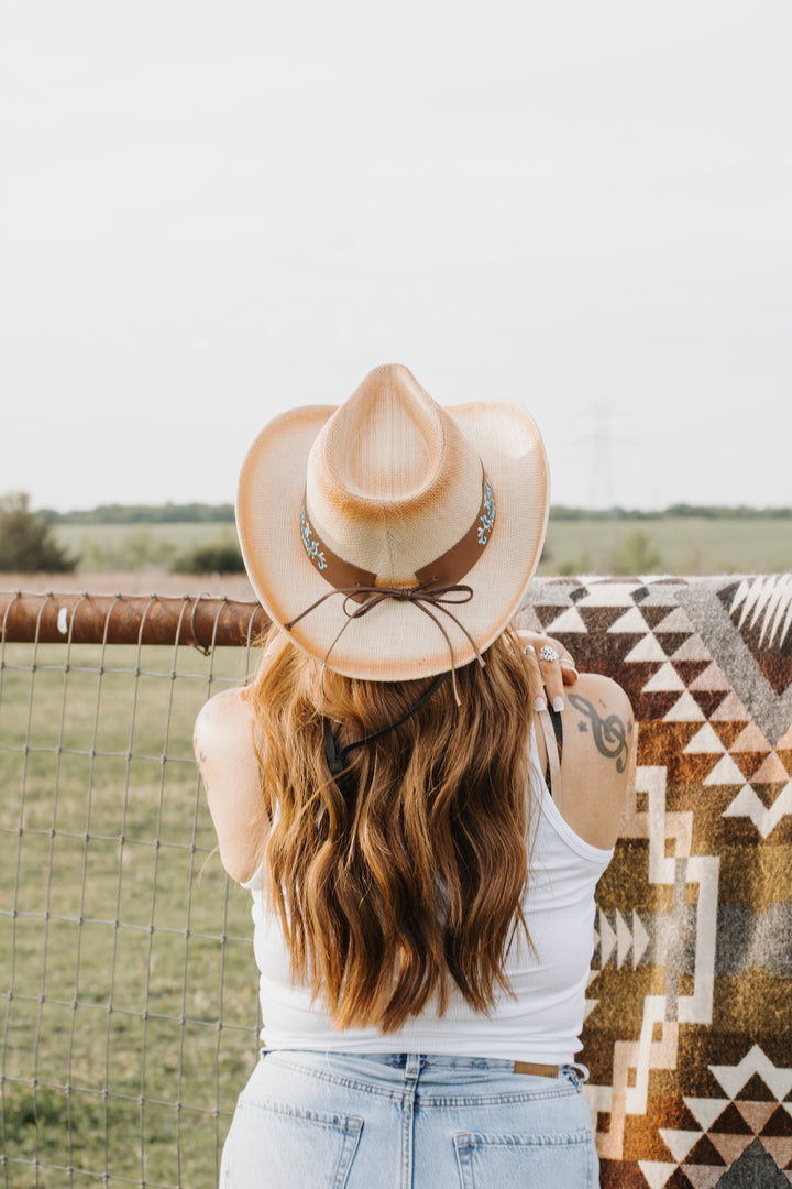 Ellie Cowboy Straw Hat - Tan with Caramel Band